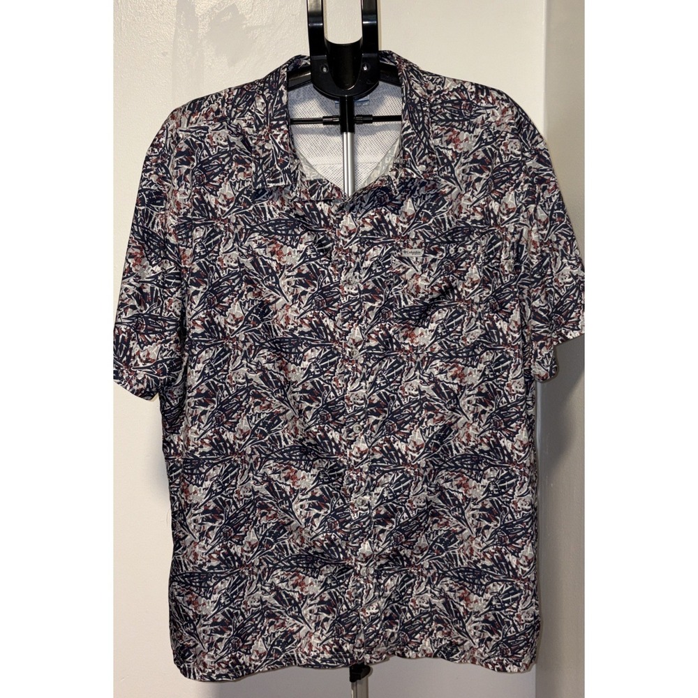 Columbia PFG Shirt‎ Mens 2XL BLUE RED WHITE Solid Vented Short Sleeve Fishing